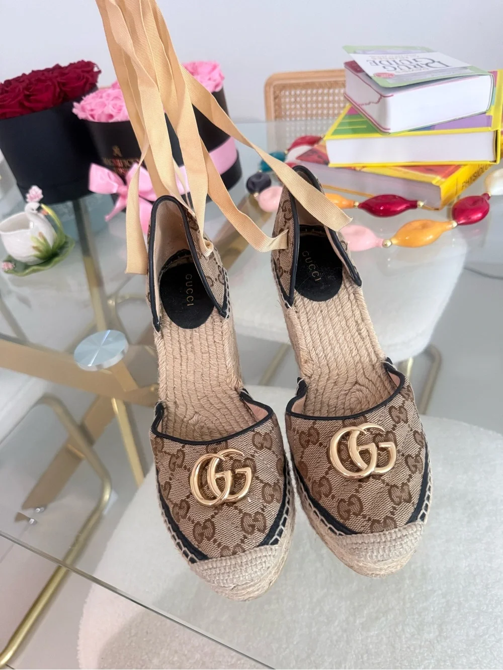 Gucci Brown Beige Monogram Espadrille Wedge Sandals with Gold Double G